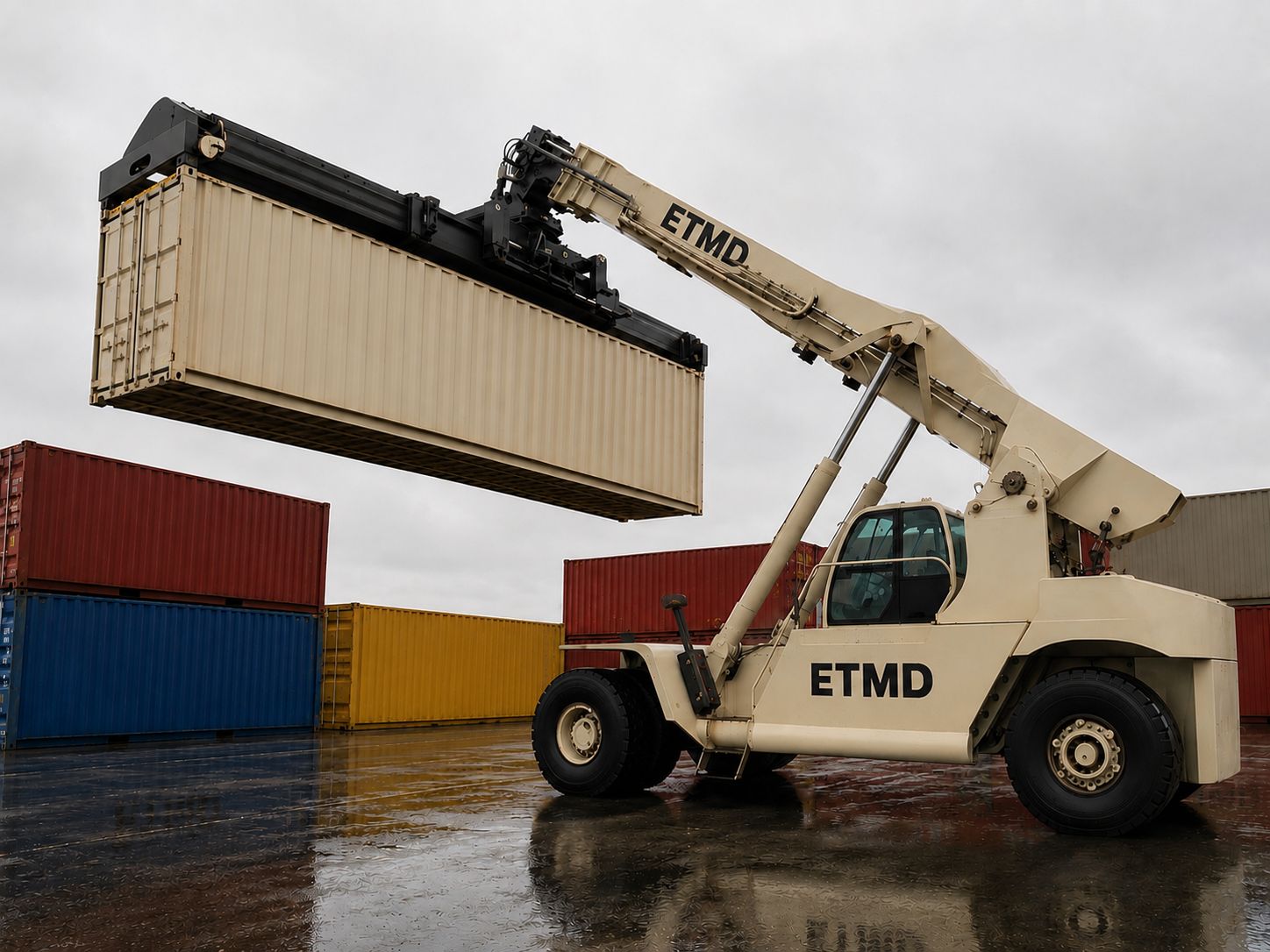 Reach stacker ETMD sous la pluie